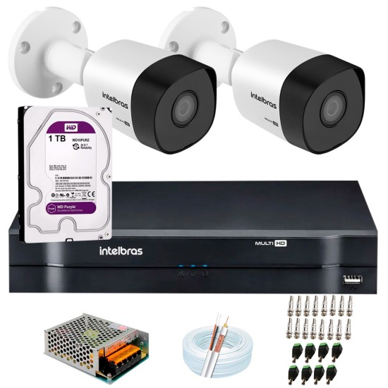 Kit 2 Câmeras VHD 3120 B G6 + DVR Intelbras + HD 1TB para Armazenamento + App Grátis de Monitoramento, Câmeras HD 720p 20m Infravermelho de Visão Noturna Intelbras + Fonte, Cabos e Acessórios