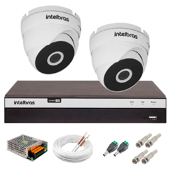 Kit 2 Câmeras VHD 3220 D G5 + DVR Intelbras + App Grátis de Monitoramento, Câmeras Full HD 1080p 20m Infravermelho de Visão Noturna Intelbras + Fonte, Cabos e Acessórios
