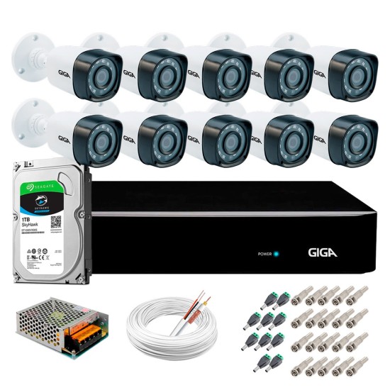 Kit Giga Security 10 Câmeras HD 720p GS0018 + DVR com HD 1TB Seagate + Acessórios
