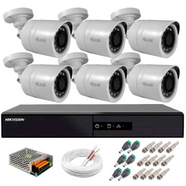 Kit 6 C�meras + DVR Hikvision + Fonte, Cabos e Acess�rios - C�meras Hilook THC B120C-P Full HD 1080 Lite 20m Infra e Vis�o Noturna