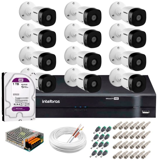 Kit 12 Câmeras VHD 1120 B G5 + DVR Intelbras + HD 1TB + App Grátis de Monitoramento, HD 720p 20m Infravermelho + Cabos e Acessórios