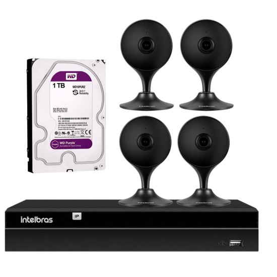 Kit 4 Câmeras com Inteligência Artificial Full HD iM3 Intelbras Preta + 1 NVR Stand Alone 04 Canais 6MP NVD 1304 Intelbras + 1 HD Interno WD Purple 1TB Surveillance SATA III