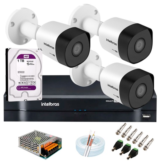 Kit 3 Câmeras VHD 3120 B G6 + DVR Intelbras + HD 1TB para Armazenamento + App Grátis de Monitoramento, Câmeras HD 720p 20m Infravermelho de Visão Noturna Intelbras + Fonte, Cabos e Acessórios