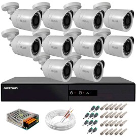 Kit 10 C�meras + DVR Hikvision + Fonte, Cabos e Acess�rios - C�meras Hilook THC B120C-P Full HD 1080 Lite 20m Infra e Vis�o Noturna