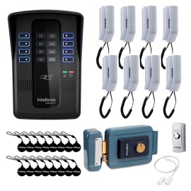Kit Porteiro Eletr�nico Coletivo de 8 Pontos - Central Collective 8 Intelbras + Interfone Interno 8 Unid + Cart�o de Proximidade 16 Unid + Fechadura El�trica + Bot�o de Sa�da + Sensor de Porta XAS