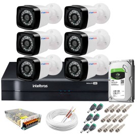 Kit 6 C�meras + DVR Intelbras + HD 1 TB + App de Monitoramento, C�meras HD 720p 20m Infravermelho de Vis�o Noturna + Fonte, Cabos e Acess�rios