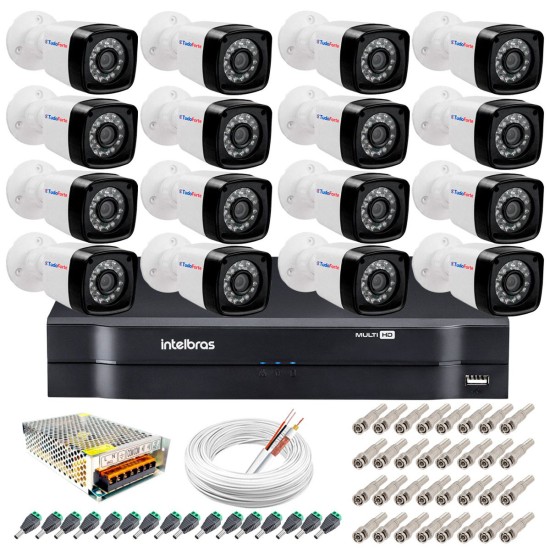 Kit 16 Câmeras + DVR Intelbras + App Grátis de Monitoramento, Câmeras HD 720p 20m Infravermelho de Visão Noturna + Fonte, Cabos e Acessórios