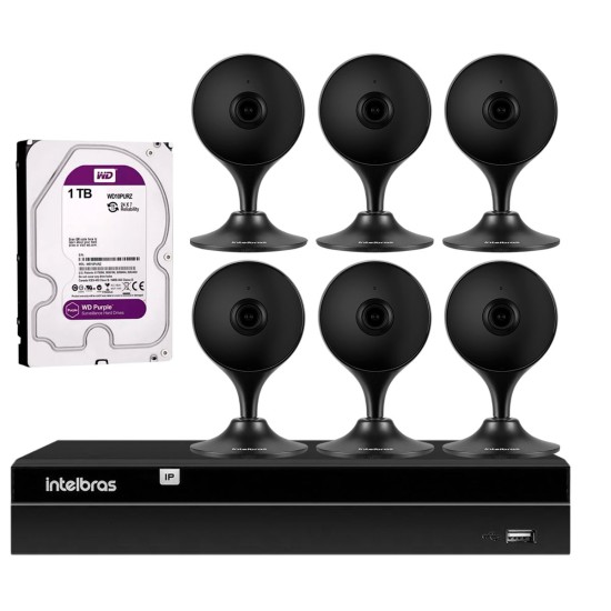 Kit 6 Câmeras com Inteligência Artificial Full HD iM3 Intelbras Preta + 1 NVR 08 Canais 6MP NVD 1308 Intelbras + 1 HD Interno WD Purple 1TB Surveillance SATA III