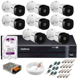 Kit 8 C�meras VHD 1120 B G5 + DVR Intelbras + HD 1TB para Armazenamento + App Gr�tis de Monitoramento, C�meras HD 720p 20m Infravermelho de Vis�o Noturna Intelbras + Fonte, Cabos e Acess�rios