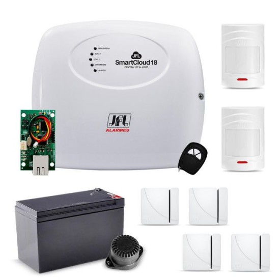 Kit Alarme JFL Monitorado Por Aplicativo Celular SmartCloud18 Com 2 Sensores IVP e 4 Magnéticos Sem Fio 29948