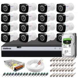 Kit 16 C�meras + DVR Intelbras + HD 1 TB + App de Monitoramento, C�meras Full HD 1080p 20m Infravermelho de Vis�o Noturna + Fonte, Cabos e Acess�rios