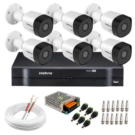 Kit 6 Câmeras VHD 3130 B G6 + DVR Intelbras + App Grátis de Monitoramento, Câmeras HD 720p 30m Infravermelho de Visão Noturna Intelbras + Fonte, Cabos e Acessórios