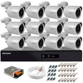 Kit 12 C�meras + DVR Hikvision + Fonte, Cabos e Acess�rios - C�meras Hilook THC B120C-P Full HD 1080 Lite 20m Infra e Vis�o Noturna