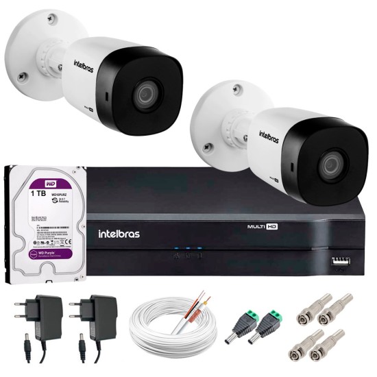 Kit 2 Câmeras VHD 1010 B G5 + DVR Intelbras + HD 1TB + App Grátis de Monitoramento, HD 720p 10m Infravermelho + Cabos e Acessórios