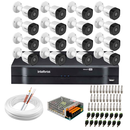 Kit 16 Câmeras VHD 3130 B G6 + DVR Intelbras + App Grátis de Monitoramento, Câmeras HD 720p 30m Infravermelho de Visão Noturna Intelbras + Fonte, Cabos e Acessórios