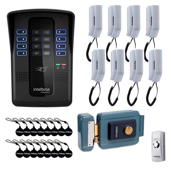 Kit Porteiro Eletrônico Coletivo de 8 Pontos - Central Collective 8 Intelbras + Interfone Interno 8 Unidades + Cartão de Proximidade 16 Unidades + Fechadura Elétrica + Botão de Saída