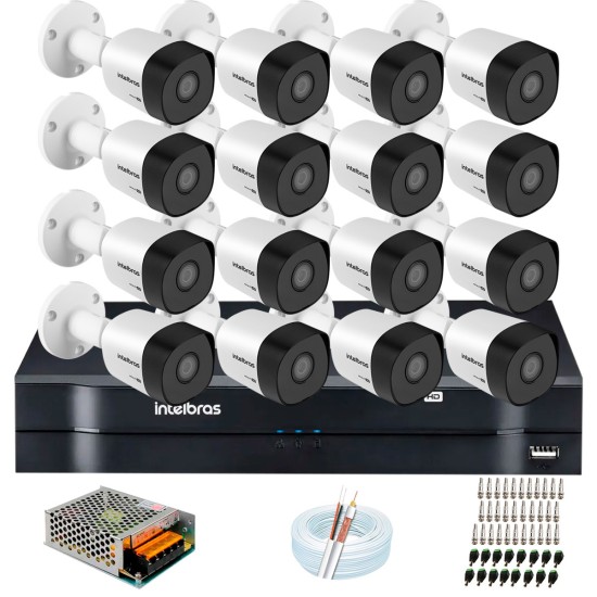 Kit 16 Câmeras VHD 3120 B G6 + DVR Intelbras + App Grátis, HD 720p 20m Infravermelho + Cabos e Acessórios