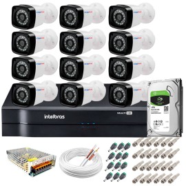 Kit 12 C�meras + DVR Intelbras + HD 1 TB + App de Monitoramento, C�meras HD 720p 20m Infravermelho de Vis�o Noturna + Fonte, Cabos e Acess�rios