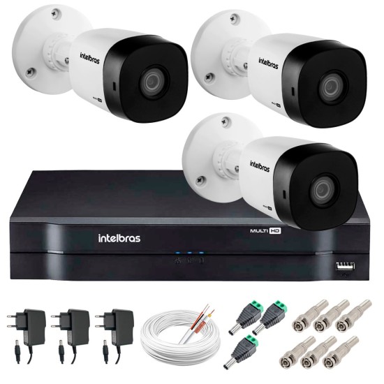 Kit 3 Câmeras VHD 1120 B G5 + DVR Intelbras + App Grátis de Monitoramento, Câmeras HD 720p 20m Infravermelho de Visão Noturna Intelbras + Fonte, Cabos e Acessórios