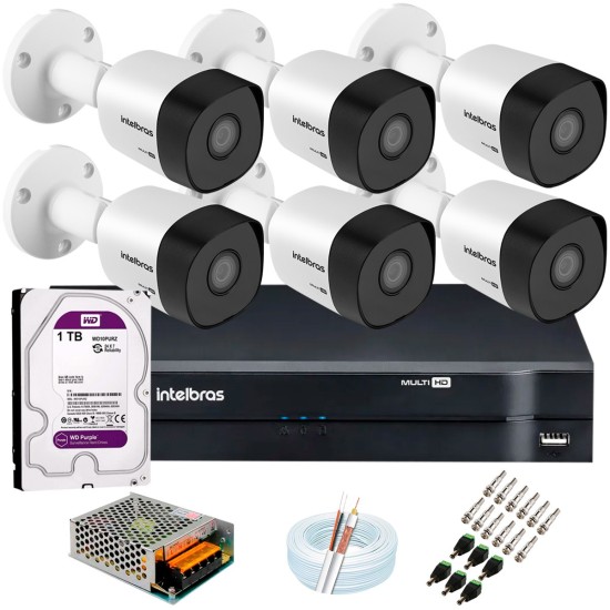 Kit 6 Câmeras VHD 3120 B G6 + DVR Intelbras + HD 1TB para Armazenamento + App Grátis de Monitoramento, Câmeras HD 720p 20m Infravermelho de Visão Noturna Intelbras + Fonte, Cabos e Acessórios