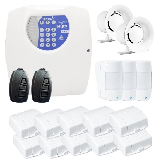 Kit de Alarme Residencial, Comercial com 13 Sensores Genno Nice + Controles Remoto, aviso de disparo por Telefone Fixo