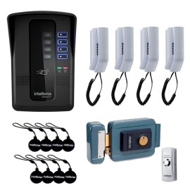 Kit Porteiro Eletr�nico Coletivo de 4 Pontos - Central Collective 4 Intelbras + Interfone Interno 4 Unidades + Cart�o de Proximidade 8 Unidades + Fechadura El�trica + Bot�o de Sa�da