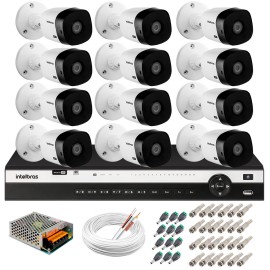 Kit 12 C�meras 2K VHD 1420B + DVR Intelbras + App Gr�tis de Monitoramento, C�meras 20m Infravermelho de Vis�o Noturna + Fonte, Cabos e Acess�rios