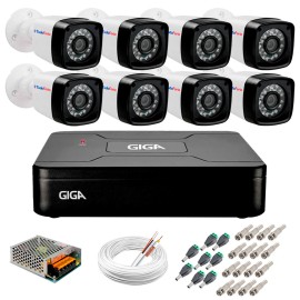 Kit 08 c�meras full hd 1080p 2mp + dvr giga security + app gr�tis de monitoramento, c�meras 20m infravermelho de vis�o noturna + fonte, cabos e acess�rios