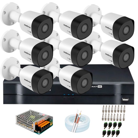 Kit 8 Câmeras VHD 3120 B G6 + DVR Intelbras + App Grátis de Monitoramento, Câmeras HD 720p 20m Infravermelho de Visão Noturna Intelbras + Fonte, Cabos e Acessórios
