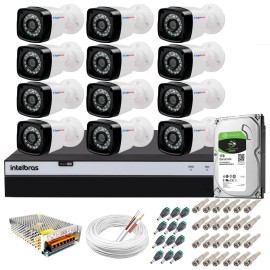 Kit 12 C�meras + DVR Intelbras + HD 1 TB + App de Monitoramento, C�meras Full HD 1080p 20m Infravermelho de Vis�o Noturna + Fonte, Cabos e Acess�rios