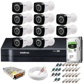 Kit 10 C�meras + DVR Intelbras + HD 1 TB + App de Monitoramento, C�meras HD 720p 20m Infravermelho de Vis�o Noturna + Fonte, Cabos e Acess�rios