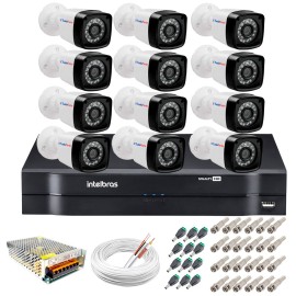 Kit 12 C�meras + DVR Intelbras + App Gr�tis de Monitoramento, C�meras HD 720p 20m Infravermelho de Vis�o Noturna + Fonte, Cabos e Acess�rios