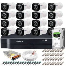 Kit 16 C�meras + DVR Intelbras + HD 1 TB + App de Monitoramento, C�meras HD 720p 20m Infravermelho de Vis�o Noturna + Fonte, Cabos e Acess�rios