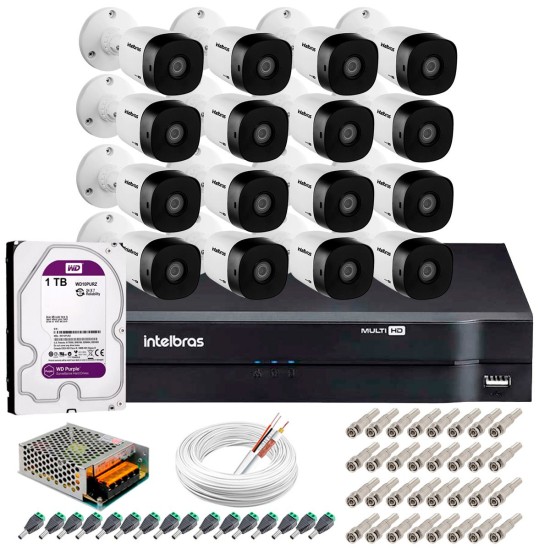 Kit 16 Câmeras VHD 1010 B G5 + DVR Intelbras + HD 1TB + App Grátis, HD 720p 10m Infravermelho + Cabos e Acessórios