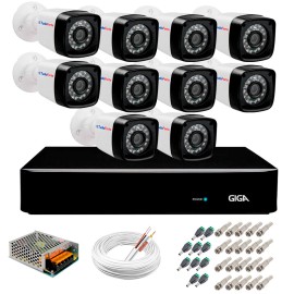 Kit 10 c�meras full hd 1080p 2mp + dvr giga security + app gr�tis de monitoramento, c�meras 20m infravermelho de vis�o noturna + fonte, cabos e acess�rios