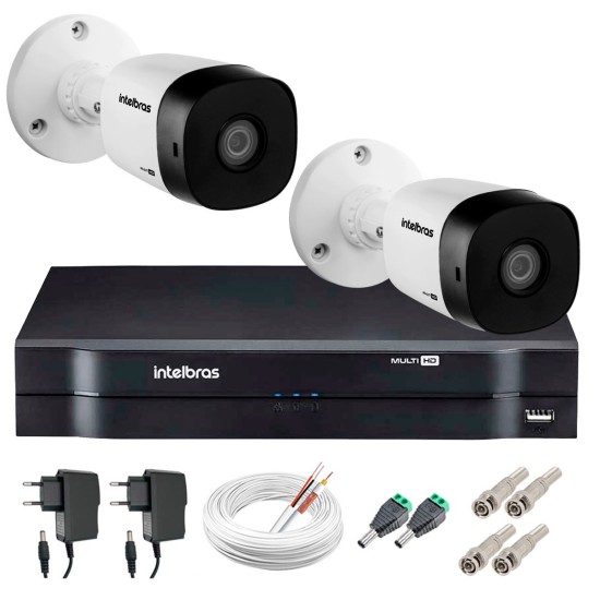 Kit 2 Câmeras VHD 1120 B G5 + DVR Intelbras + App Grátis de Monitoramento, Câmeras HD 720p 20m Infravermelho de Visão Noturna Intelbras + Fonte, Cabos e Acessórios