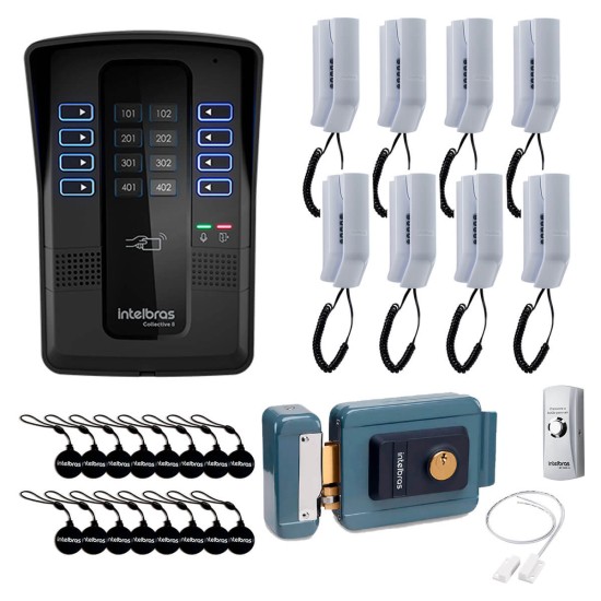 Kit Porteiro Eletrônico Coletivo de 8 Pontos - Central Collective 8 Intelbras + Interfone Interno 8 Unid + Cartão de Proximidade 16 Unid + Fechadura Elétrica + Botão de Saída + Sensor de Porta XAS
