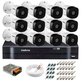 Kit 12 C�meras VHD 1010 B G5 + DVR Intelbras + App Gr�tis, HD 720p 10m Infravermelho + Cabos e Acess�rios