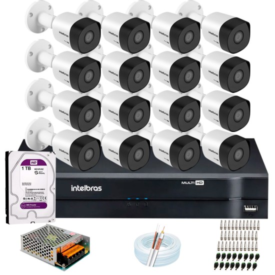 Kit 16 Câmeras VHD 3120 B G6 + DVR Intelbras + HD 1TB + App Grátis de Monitoramento, HD 720p 20m Infravermelho + Cabos e Acessórios