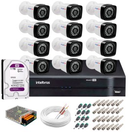 Kit 12 C�meras Tudo Forte Full HD 1080 Lite + DVR Intelbras + Acess�rios Completo - C�meras com 25m Infravermelho de Vis�o Noturna