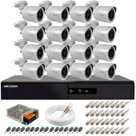 Kit 16 C�meras + DVR Hikvision + Fonte, Cabos e Acess�rios - C�meras Hilook THC B120C-P Full HD 1080 Lite 20m Infra e Vis�o Noturna