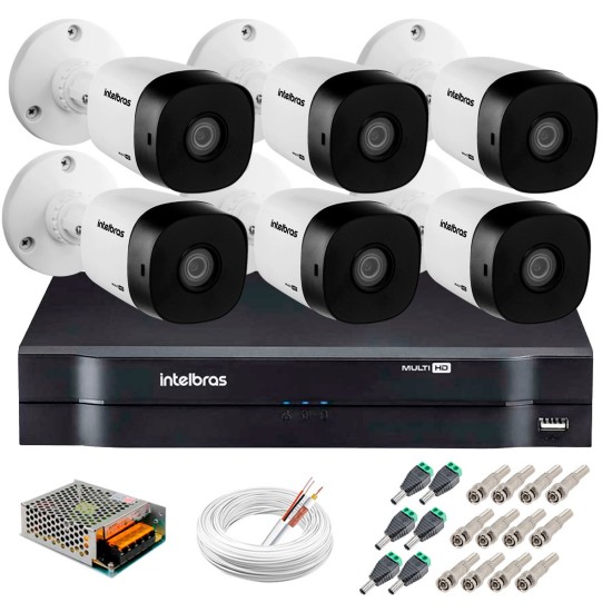 Kit 6 Câmeras VHD 1010 B G5 + DVR Intelbras + App Grátis de Monitoramento, Câmeras HD 720p 10m Infravermelho de Visão Noturna Intelbras + Fonte, Cabos e Acessórios