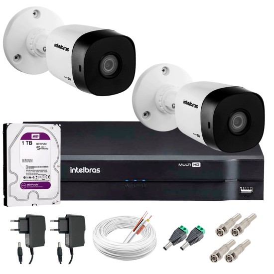 Kit 2 Câmeras VHD 1120 B G5 + DVR Intelbras + HD 1TB para Armazenamento + App Grátis de Monitoramento, Câmeras HD 720p 20m Infravermelho de Visão Noturna Intelbras + Fonte, Cabos e Acessórios