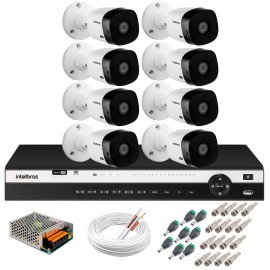 Kit 8 C�meras 2K VHD 1420B + DVR Intelbras + App Gr�tis de Monitoramento, C�meras 20m Infravermelho de Vis�o Noturna + Fonte, Cabos e Acess�rios