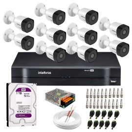 Kit 10 C�meras VHD 3130 B G6 + DVR Intelbras + HD 1TB para Armazenamento + App Gr�tis de Monitoramento, C�meras HD 720p 30m Infravermelho de Vis�o Noturna Intelbras + Fonte, Cabos e Acess�rios