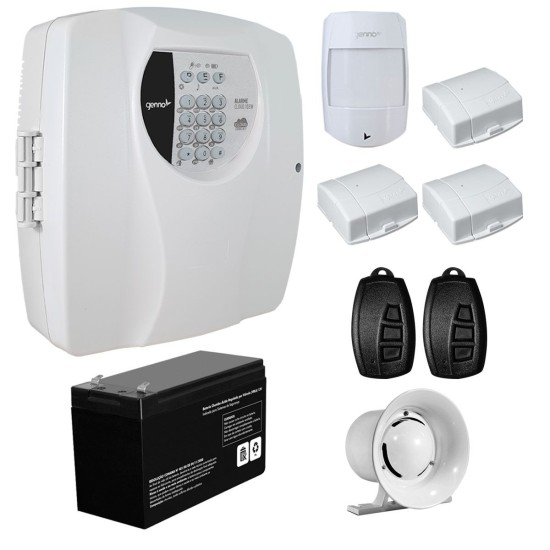 Kit Alarme Residencial Wifi 4 Sensores sem fio, 2 Controles Remoto, Central Cloud 10 EW Genno + Bateria