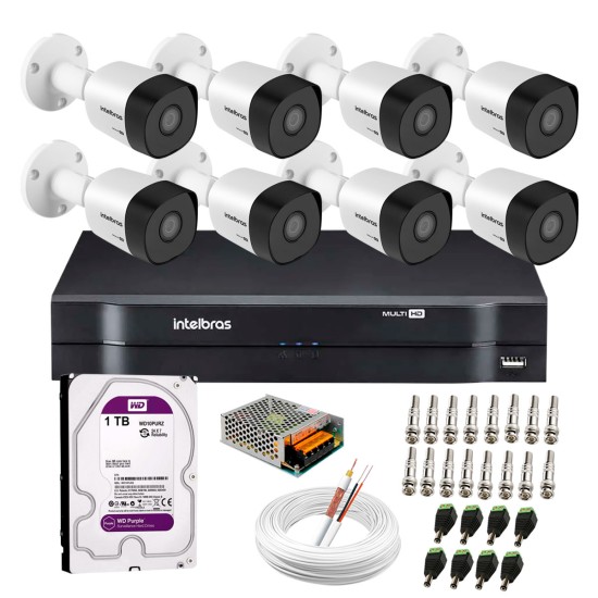Kit 8 Câmeras VHD 3130 B G6 + DVR Intelbras + HD 1TB para Armazenamento + App Grátis de Monitoramento, Câmeras HD 720p 30m Infravermelho de Visão Noturna Intelbras + Fonte, Cabos e Acessórios