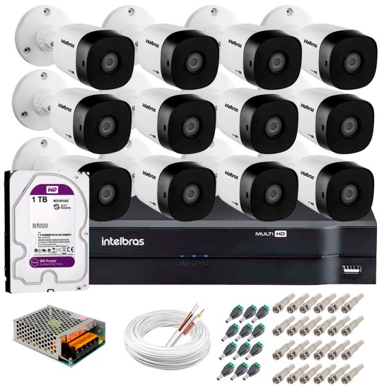 Kit 12 Câmeras VHD 1010 B G5 10m Infravermelho de Visão Noturna + DVR Intelbras + HD 1TB + Acessórios