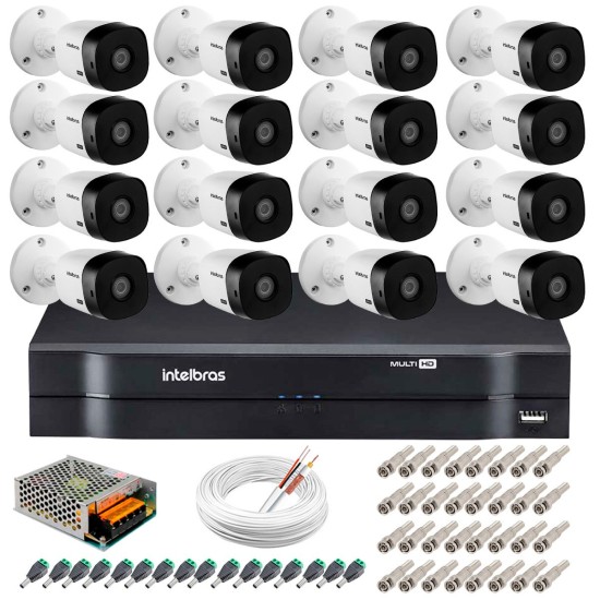 Kit 16 Câmeras Intelbras VHL 1220 B Full HD 1080 Lite + DVR Intelbras - Câmeras com 20m Infravermelho de Visão Noturna + Fonte, Cabos e Acessórios