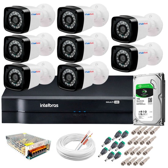 Kit 8 Câmeras + DVR Intelbras + HD 1 TB + App de Monitoramento, Câmeras HD 720p 20m Infravermelho de Visão Noturna + Fonte, Cabos e Acessórios